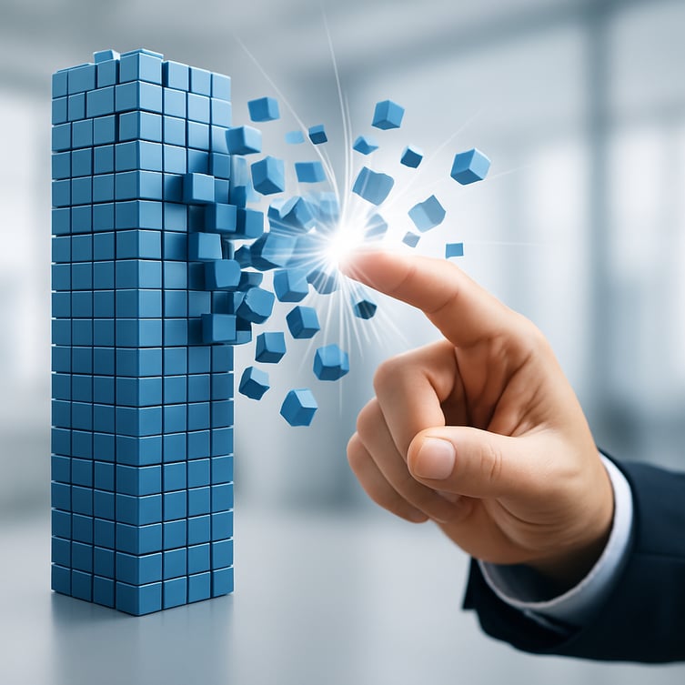 A hand breaking apart a visual block of data cubes, symbolizing the destruction of data silos.