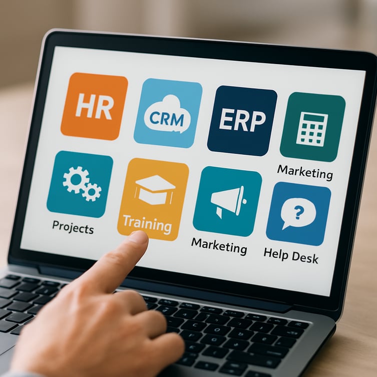 A hand pointing to a training software icon on a laptop screen with other business applications.