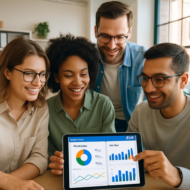 Employees collaborating around a tablet displaying training software analytics in a bright office.