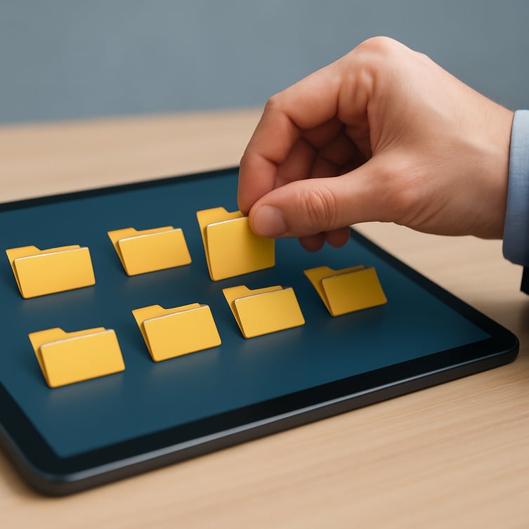 A professional stock imagestyle photo of a hand organizing digital file folders on a tablet screen symbolizing content management and scalability