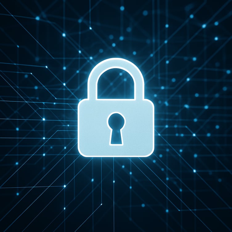 A digital padlock icon shown over a network of interconnected data nodes, symbolizing software integration security.