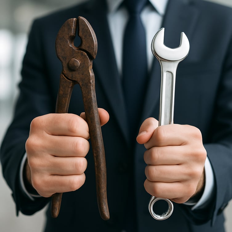 Hands holding an old pair of pliers and a new wrench, representing the difference between old and new maintenance tools.