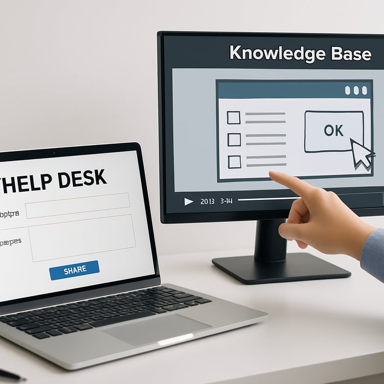 A professional stockstyle image A clean modern office desk with a laptop open to a blank help desk ticket submission form A hand reaches across to a second screen which shows a video tutorial from a knowledge base The scene should suggest a user find-1