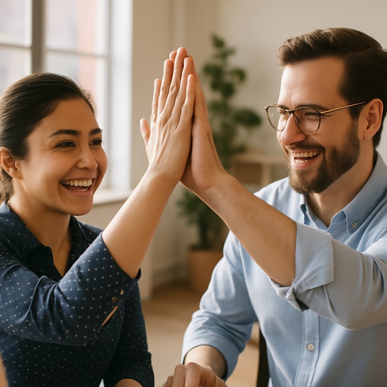 A professional stockstyle image A closeup of two colleagues highfiving in a relaxed sunlit office setting They are smiling and looking happy The image should focus on the genuine human connection and shared sense of accomplishment representing increa-1