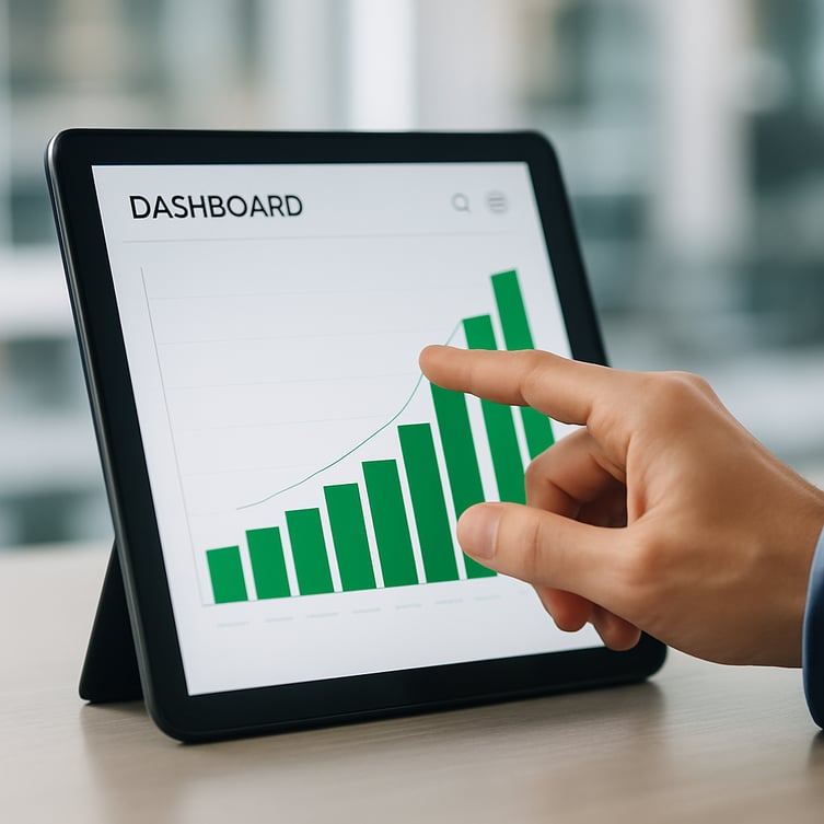 A professional stockstyle image A closeup shot of a hand tapping on a tablet screen which displays a simple clear and modern dashboard with a single large green bar graph showing a sharp increase The background is a blurred office environment The foc-1