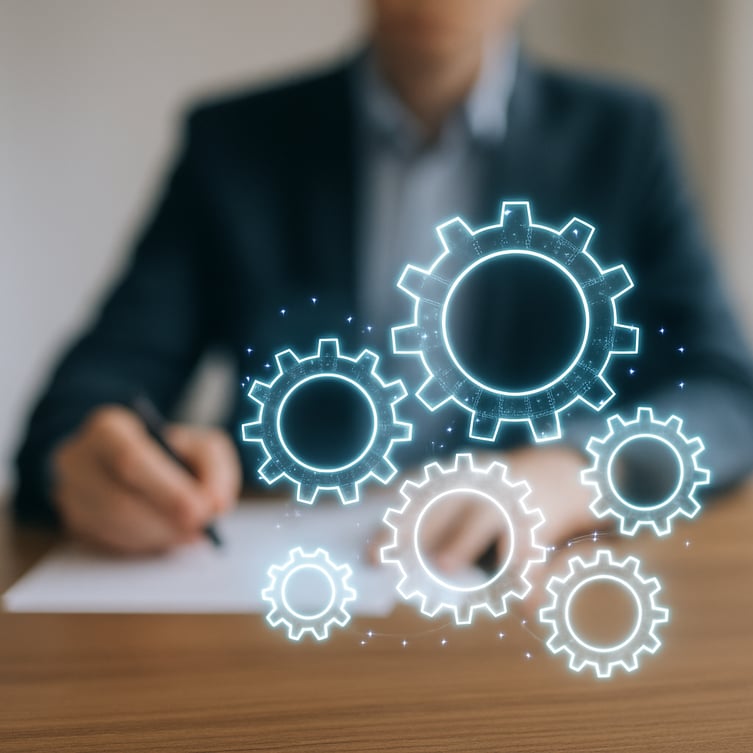 A professional stockstyle image A conceptual image showing a blurred out person at a desk The foreground has abstract interconnected gears and cogwheels in a bright digital style symbolizing complex workflows and processes The gears are turning smoot