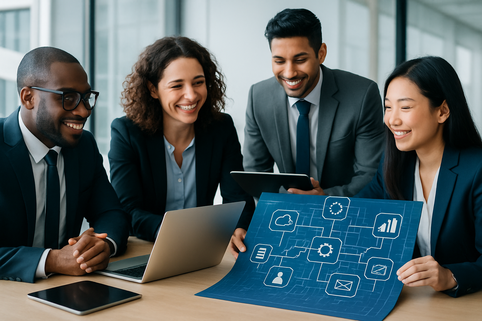 A diverse team of professionals working together on a strategic blueprint for complex business software integration on a table.